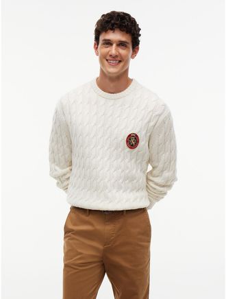 Tommy Hilfiger Mens Crest Logo Cable Knit Wool-Blend Sweater - Ivory Petal - XL
