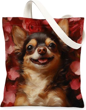 Generic Valentines Day Dalmatian Dog Canvas Tote Bag for Shopping 13x15, Lover Rose Puppy Reusable Grocery Print Bag for Women, Pet Beach Aesthetic Painting G