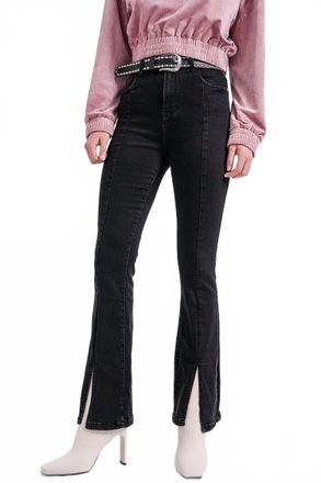 Q2 Flare Jeans With Split Hem In Black