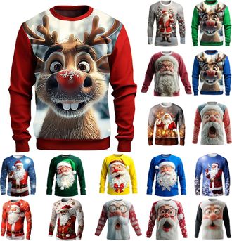 Generic Christmas Jumpers for Men Novelty Funny Xmas Reindeer Jumpers Santa Claus Christmas Sweatshirt Nordic 3D Print Graphic Pullover Sweaters Vacation Holi