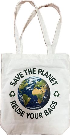 Generic Save the Planet Reusable Grocery Tote Bag, White Cotton Canvas with Earth Design, Eco Recycling Message