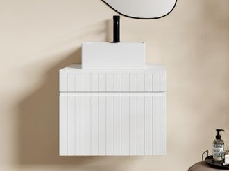 Vente-Unique Mobile per bagno sospeso scanalato e lavabo quadrato da appoggio 60 cm Bianco - SATARA