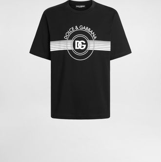 Dolce & Gabbana Cotton Interlock T-shirt With Dg Logo Print - Man T-shirts And Polos Black Cotton 48