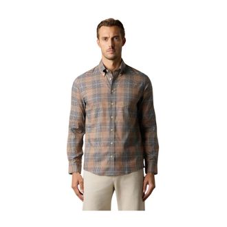 Brooks Brothers Slim Fit Non-Iron Geruit Stretch Twill Overhemd met Button Down Kraag - Heren - Casual Overhemden - Beige - L - Katoen - Overhemden