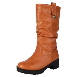 Generic Womens Retro Mid Calf Boots Round Toe Medium Block Heel Platform Slip On With Metal Decoration Leisure Footwear