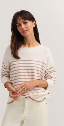 Bugatti Rundhalspullover BUGATTI Regular Fit, Damen, Gr. XXL, 50, beige, Jersey, 96% Viskose, 4% Elasthan, gestreift, regular fit, Rundhals, Pullover Rundhals