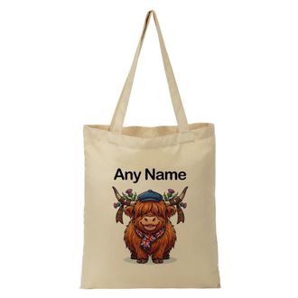 Unigift Personalised Gift - Funny Highland Cow Tote Shopping Bag (Farm Animal Design) Custom Name - Cute Union Jack Scarf Flat Cap