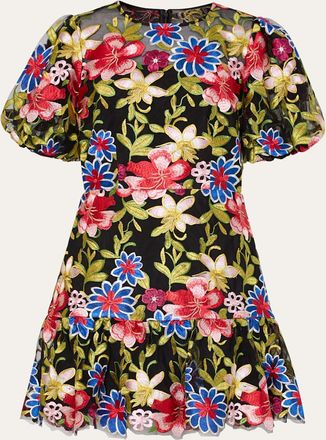 Milly Yasmin Floral-Embroidered Flounce Mini Dress