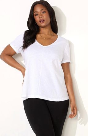 Live Unlimited London Womens White Cotton Slub V-Neck T-Shirt - Size: 12