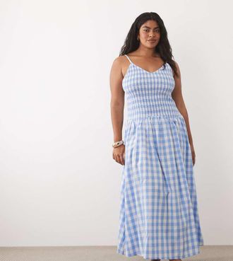 Esm&eacute;e Esm&eacute;e Curve - Vestito da mare lungo arricciato con vita scesa blu e bianco a quadretti