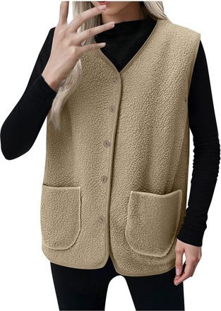 Generic Khaki Women Waistcoat Polar Fleece Gilets Button Down V Neck Vest Jackets Sleeveless Coats with Pockets Loose Fit Bodywarmer Winter Autumn Warm Oversi