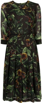 Samantha Sung Florance motif-print pleated midi dress - women - Wool - M - Black