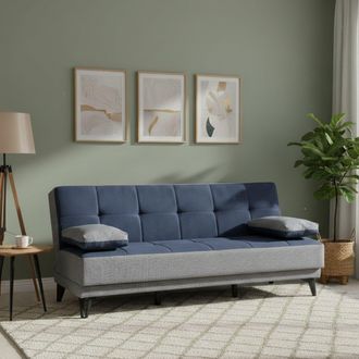 Dmora Sof&aacute; Cama Dfortin, Sof&aacute; Cama 3 Plazas Con Pies De Metal Negro, Sof&aacute; De Sal&oacute;n En Tela Tapizada Con Apertura Clic-clac, 190x87h97 Cm, Gris Y Azul - Dmor