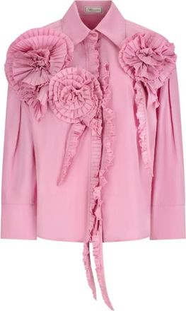 Blumarine Taffeta Blouse met 3D Rozen - Dames - Overhemden - Roze - 2XS - Polyester - Overhemden