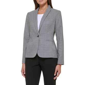 Tommy Hilfiger Womens Plaid Fitted Single Button Blazer, Black/Ivory, 14