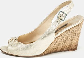Carolina Herrera Metallic Leather Bow Peep Toe Espadrille Wedge Sandals