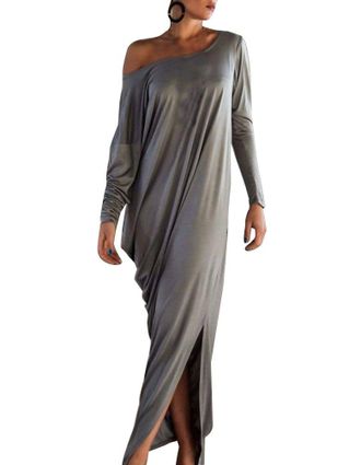LaoZan Women Off Shoulder Long Sleeve Boho Holiday Long Maxi Dress Sundress L Dark Gray