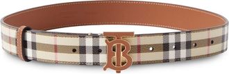 Burberry checked monogram-plaque leather belt - women - Leather/Cotton/Acrylic/Polyester/Polyurethane - M - Neutrals