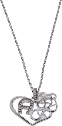 Aigner Silver Tone Crystal Logo Heart Pendant Necklace