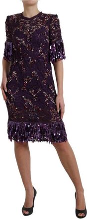 Dolce & Gabbana Floral Lace Crystal Embedded Sheath Dress - Dames - Feestkleedjes - Paars - M - Polyester - Kleedjes