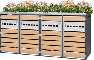 STILVORA Armario Para Cubos De Basura Con 4 Compartimentos Con Cerradura Y Jardinera, Puertas Ventiladas De Acero Gris Madera