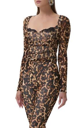 AFRM Marcello Peekaboo Lace Trim Mesh Top in Winter Animal at Nordstrom Rack, Size X-Small