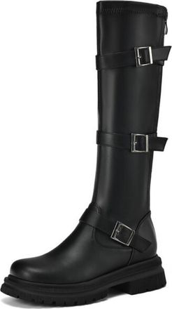 Generic Womens Round Toe Combat Long Boots with Buckle PU Leather Knee High Boots with Zipper Low Block Heel Platform Boot,Black1,3.5 UK