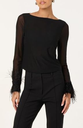 ASTR the Label Brisa Feather Trim Long Sleeve Top in Black at Nordstrom Rack, Size Small