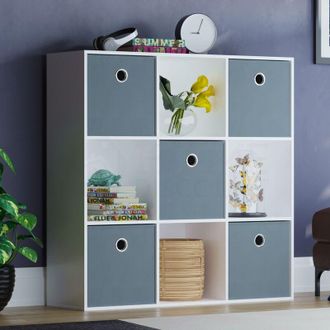 Home Discount Home Discount - Durham 9 Cube Bookcase Shelf Wooden Display Storage Rack Free Standing Shelf Unit, White-5-Grey-Baskets