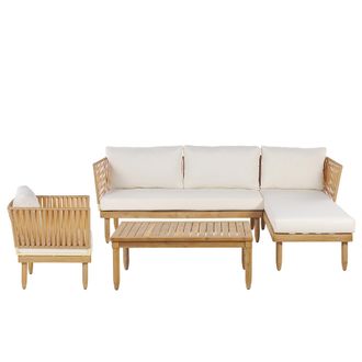 Beliani Sof&aacute; Esquinero 4 Plazas De Madera De Acacia Clara Izquierdo Cojines Mesa Cremona
