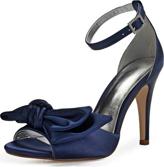 Generic Bridal Shoes Womens Bow Tie High Heels Peep Toe Sandals Sexy Stiletto Wedding Shoes Satin Prom Party Dress Pumps 10.5Cm,Dark Blue,4 UK