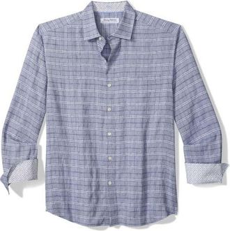 Tommy Bahama Barbados Breeze Playa Plaid Stretch Linen Blend Button-Up Shirt in Raincloud at Nordstrom, Size X-Large