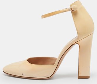 Gianvito Rossi Beige Patent Leather Ankle Strap Block Heel Pumps