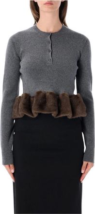 Stella McCartney Mink Trim Crewneck Jumper - Dames - Ronde hals truien - Grijs - M - Wol - Truien & Vesten