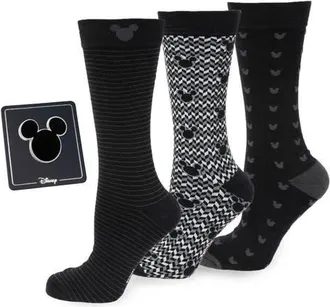 Cufflinks Inc. x Disney Mickey & Friends Assorted 3-Pack Cotton Blend Dress Socks & Lapel Pin Gift Box Set in Black at Nordstrom, Size 10-13