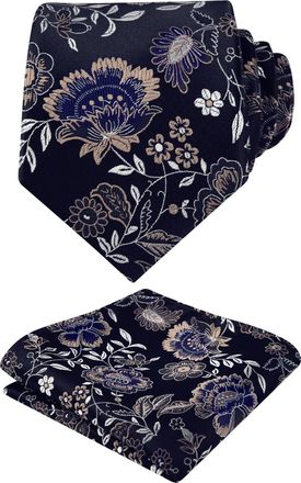 Alizeal Mens Floral Necktie with Hanky Colorful Stylish Unique Tie Set, Navy+Coffee+White