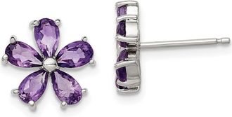 Diamond2Deal Sterling Silver Rhodium Plated Amethyst Floral Stud Earrings