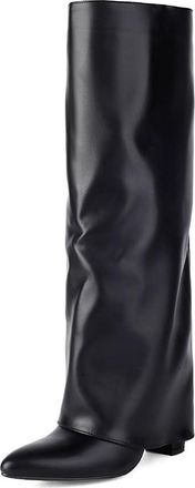 Generic Womens Chunky High Heel Long Boots Pointed Toe Knee High Boots PU Leather Retro Tall Boot with Side Zipper,Black,6.5 UK