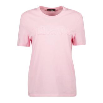 Versace T-Shirts, female, Pink, 2XS, Embroidered logo T-shirt for women