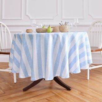 Solino Home Linen Round Tablecloth - Cabana Stripe in Sky Blue And White at Nordstrom, Size Large