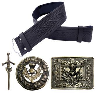 Generic Kilt Belt and Buckle Set - Scottish Thistle Embossed Leather Belt, Handmade Pewter Plaid Brooch with Antique Celtic Knot Buckles, Antique Silver Finis