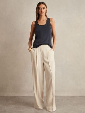 Reiss Cream Petite Elasticated-waist Wide-leg Twill Trousers, 10