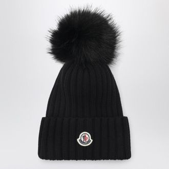 Moncler Black wool beanie with pom-pom