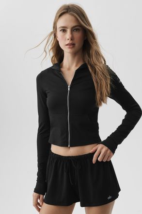 Alo Alosoft Finesse Full Zip Fitted Hoodie in Black, Size: Medium