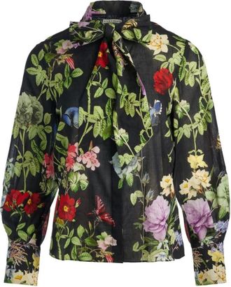 Alice & Olivia Zwarte Bloemenprint Pofmouw Overhemd - Dames - Blouses - Zwart - S - Overhemden
