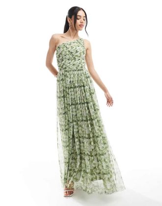 Lace & Beads Bridesmaid one shoulder maxi dress in olive floral-Green