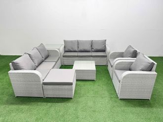 Fimous PE Rattan High Back Lounge Sofa Set Patio Square Coffee Table & Chairs Set w/ 3 Seater Sofa Reclining Chair Big Footstool Side Table Light Grey