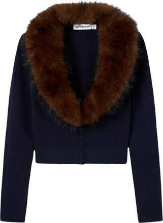 Self Portrait Navy Faux-Fur Collar Cropped Knit Cardigan