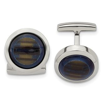 Diamond2Deal Stainless Steel Polished Blue and Brown Cats Eye Circle Cufflinks