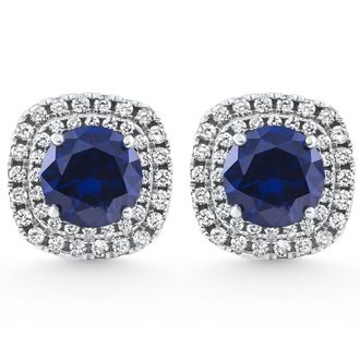 Pompeii3 2.65Ct Cushion Halo Blue Sapphire Diamond Studs 14k White Gold Earring Lab Grown